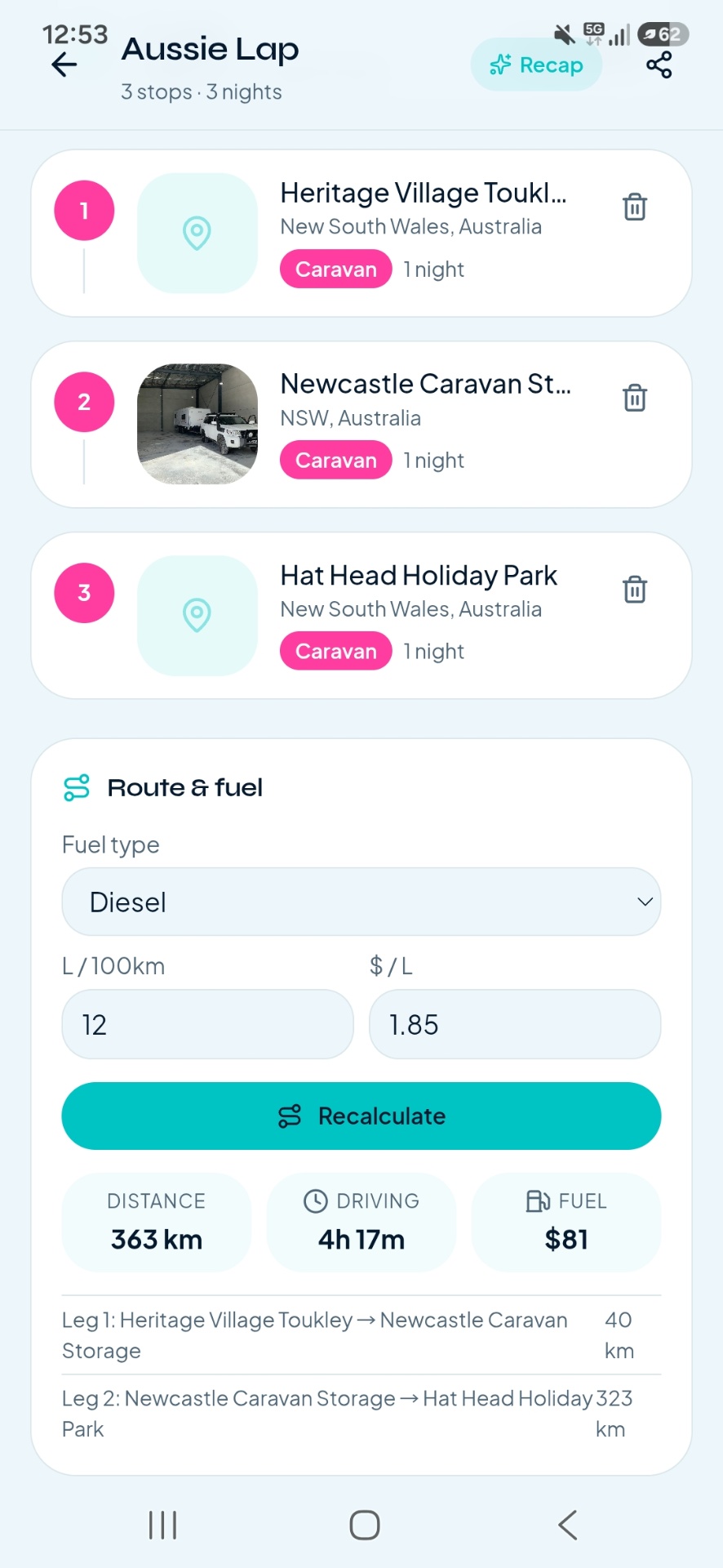 CampHub app trip planner screen with a multi day itinerary.