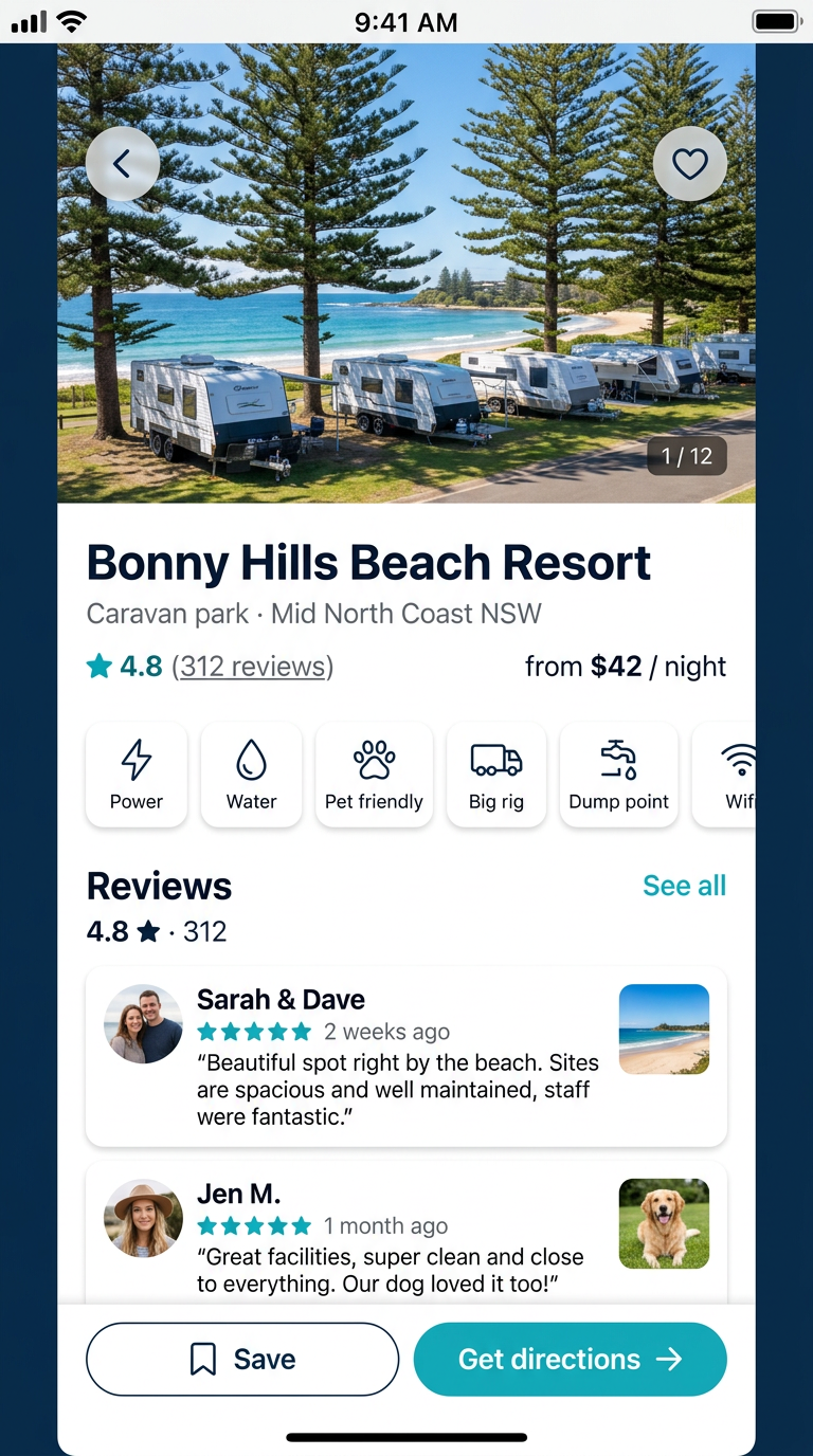 CampHub app site detail screen with traveller reviews and amenity badges.