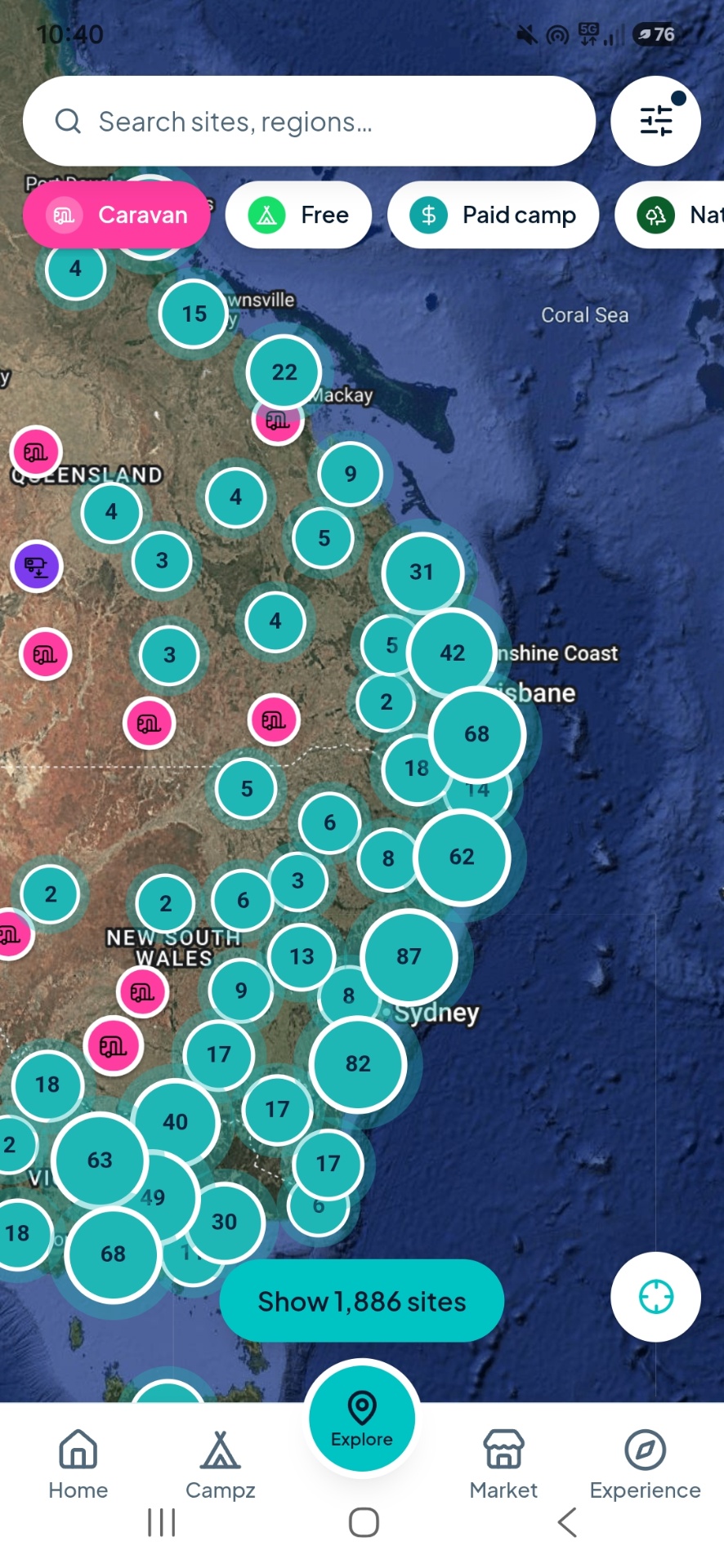 CampHub app map screen showing camp sites along the Australian east coast.